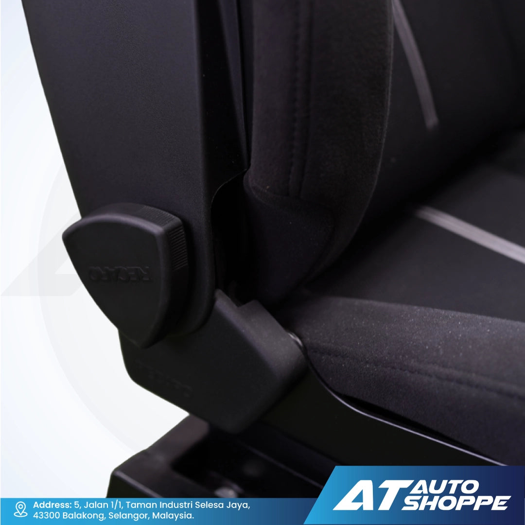 Close-up of a Recaro car seat with a visible brand logo on a white background