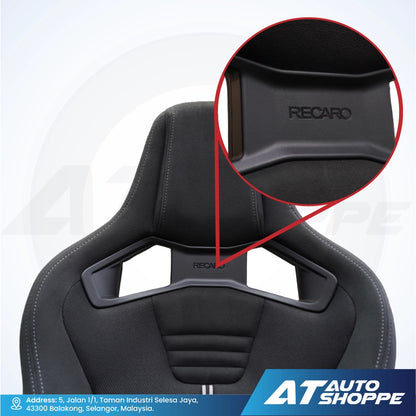 Black car seat with Recaro branding on a white background