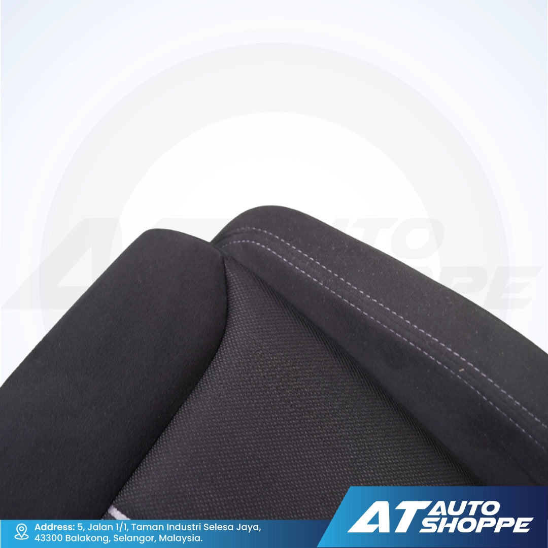 Close-up of Recaro black car seat cover with visible stitching on a white background
