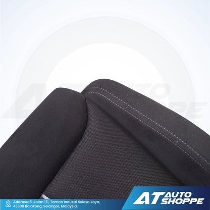 Close-up of Recaro black car seat cover with visible stitching on a white background