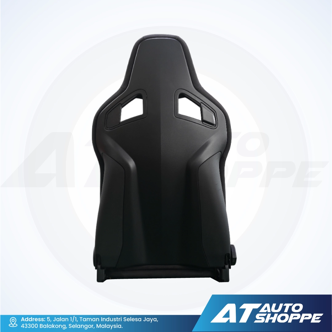 Recaro black racing seat on a white background with AT Auto Shoppe branding.