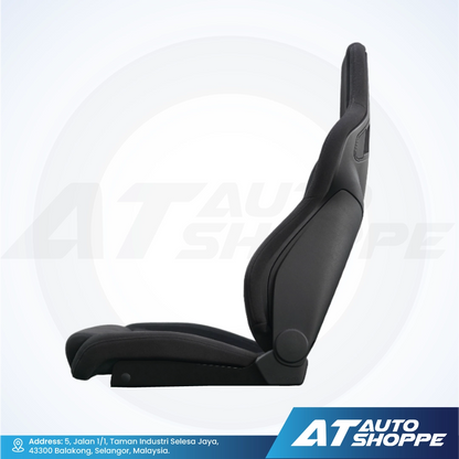 Recaro black car seat on a white background with AT Auto Shoppe branding.