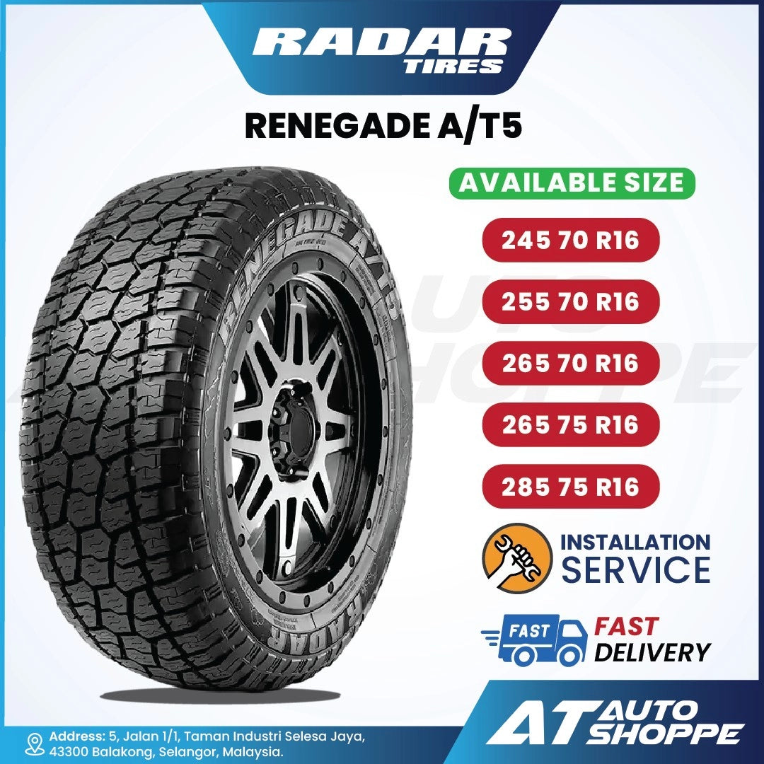 Radar Tires Renegade A/T5 tire with available sizes and installation service details on a blue and white background.