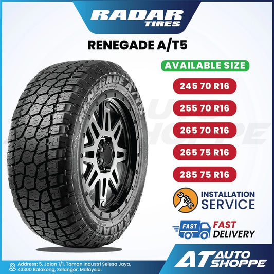 Radar Tires Renegade A/T5 tire with available sizes and installation service details on a blue and white background.