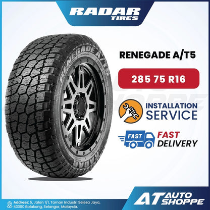 Radar tires Renegade A/T5 with tire size 285 50 R20 on a white background