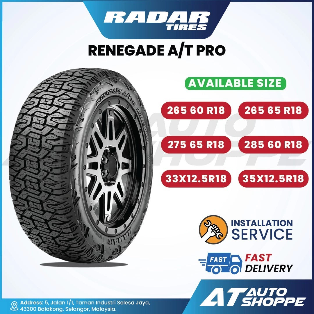 Radar Tires Renegade A/T Pro tire with available sizes and installation service details on a white background.