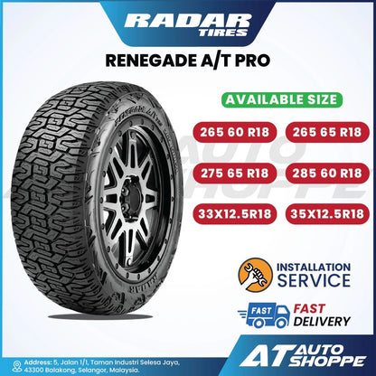 Radar Tires Renegade A/T Pro tire with available sizes and installation service details on a white background.