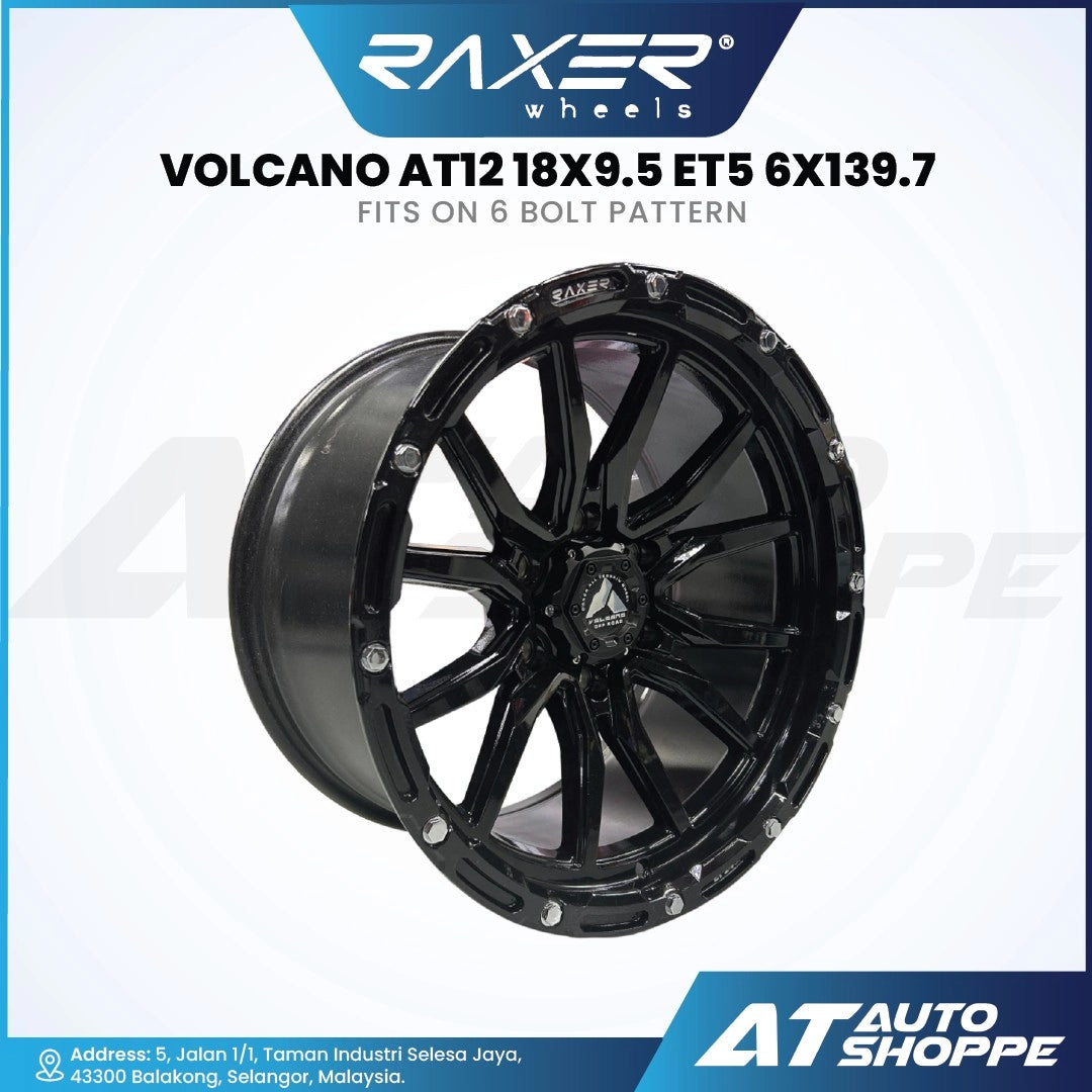 Black RAXER wheel with product details on a white background