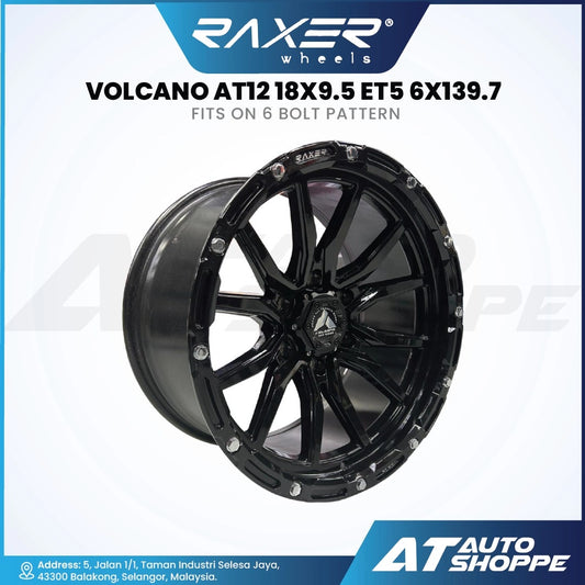 Black RAXER wheel with product details on a white background