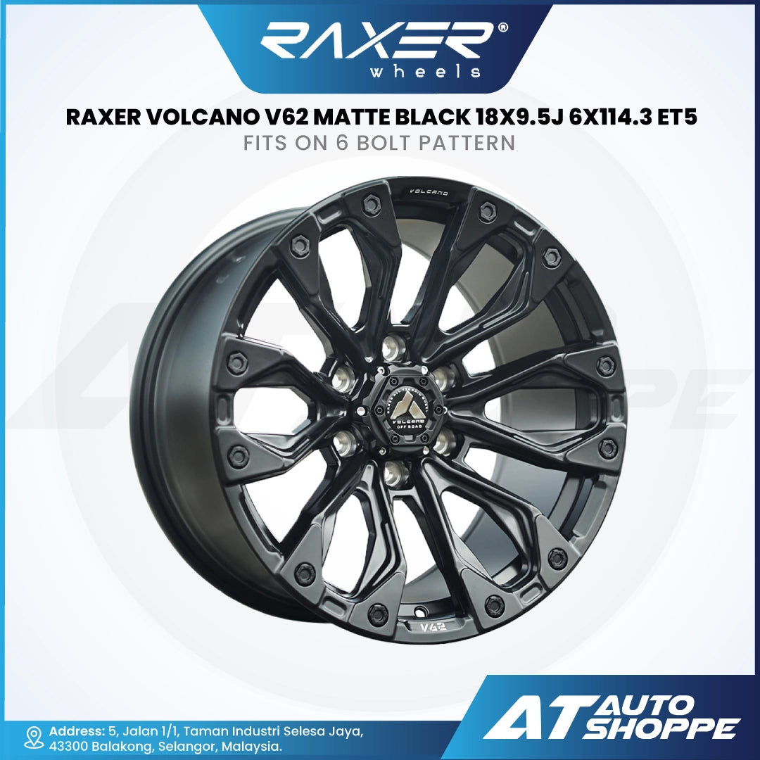 RAXER Volcano V62 matte black wheel on a white background with RAXER branding.