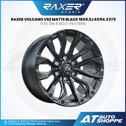 RAXER Volcano V62 matte black wheel on a white background with RAXER branding.