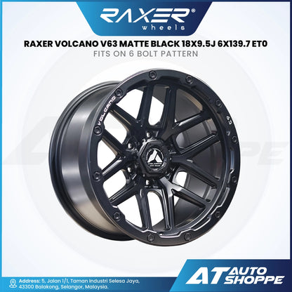 RAXER Volcano V63 matte black wheel on a white background with branding.