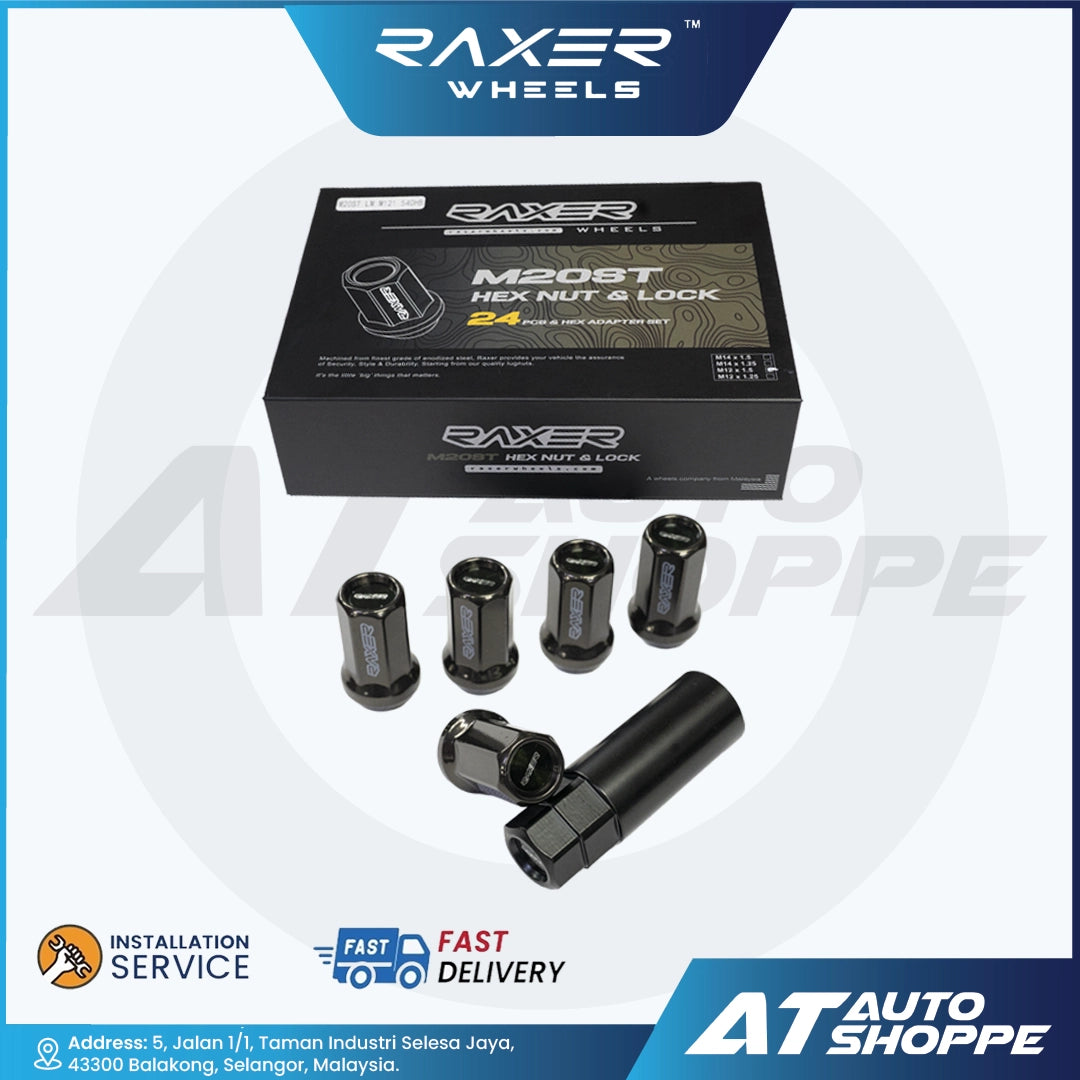 RAXER wheels hex nut and lock set with packaging on a white background