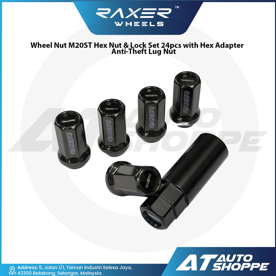 Set of black wheel nuts with hex adapter on a white background, featuring RAXER Wheels branding.