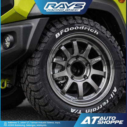 Close-up of a tire with 'BFGoodrich' and 'RAYS' branding on a vehicle.