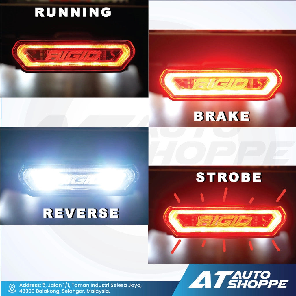 Rigid LED brake light with different modes displayed on a white background, featuring the brand 'AT Auto Shoppe'.