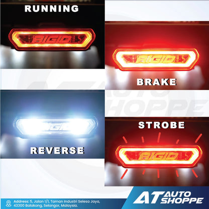 Rigid LED brake light with different modes displayed on a white background, featuring the brand 'AT Auto Shoppe'.