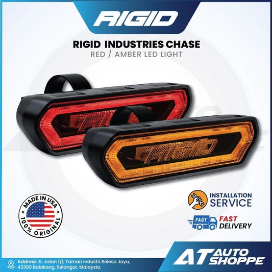 Rigid Industries Chase red and amber LED lights with branding and product details on a white background.