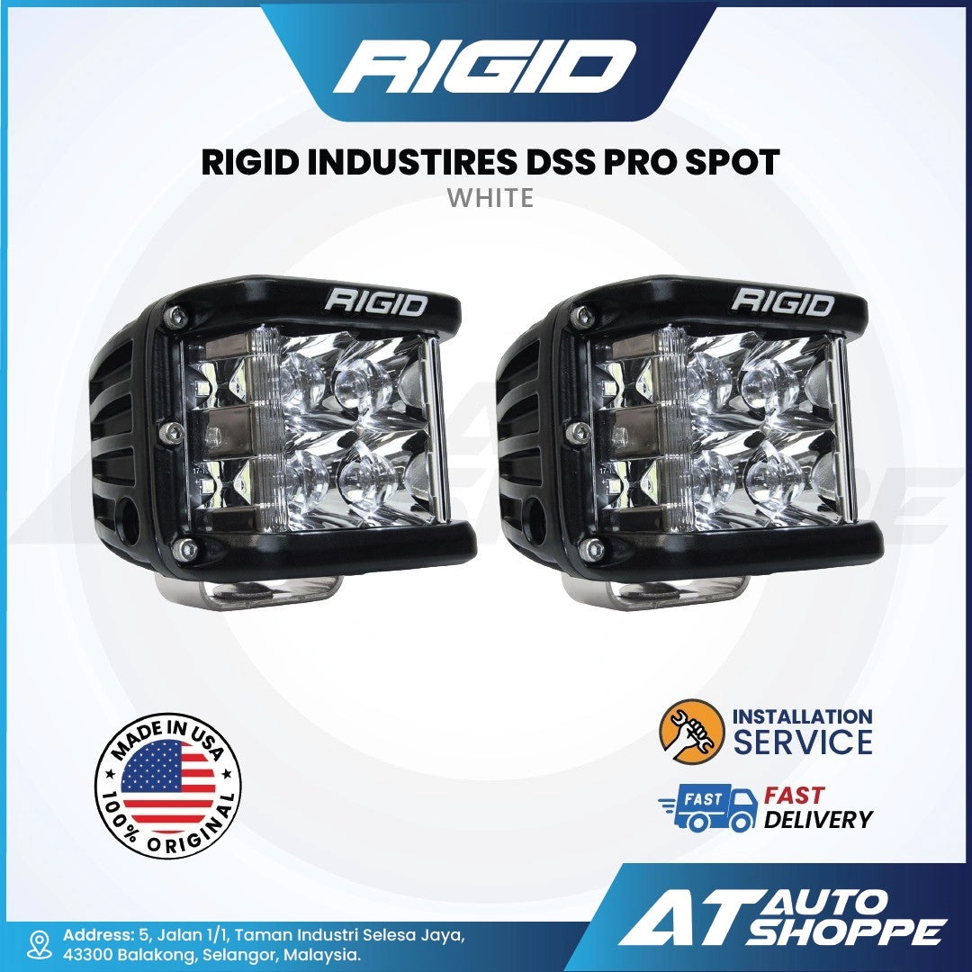 Two Rigid Industries DSS Pro Spot white lights with branding and product details on a white background.