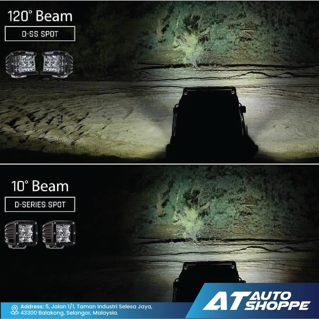 Comparison of 120° and 10° Rigid beam lights on a vehicle in a dark tunnel, with AT Auto Shoppe branding.