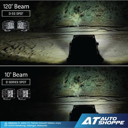 Comparison of 120° and 10° Rigid beam lights on a vehicle in a dark tunnel, with AT Auto Shoppe branding.
