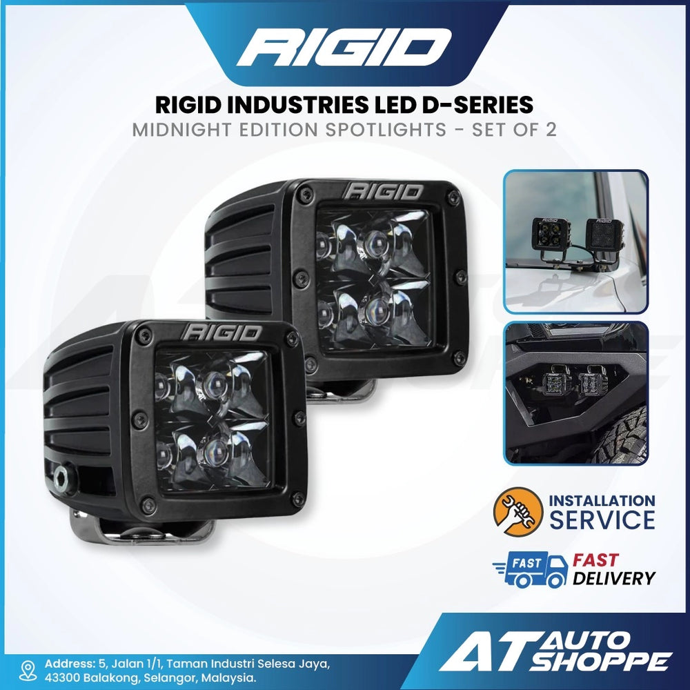 Rigid Industries LED D-Series Midnight Edition Spotlights with installation service and delivery information on a white background.