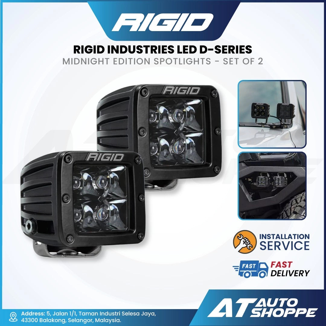 Rigid Industries LED D-Series Midnight Edition Spotlights with installation service and delivery information on a white background.