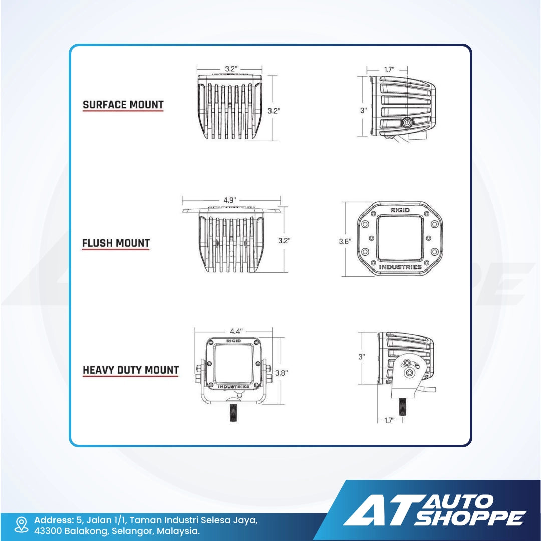 Technical drawings of Rigid light fixtures with dimensions and mounting options on a white background, featuring the AT Auto Shoppe logo.