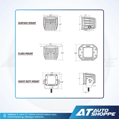 Technical drawings of Rigid light fixtures with dimensions and mounting options on a white background, featuring the AT Auto Shoppe logo.