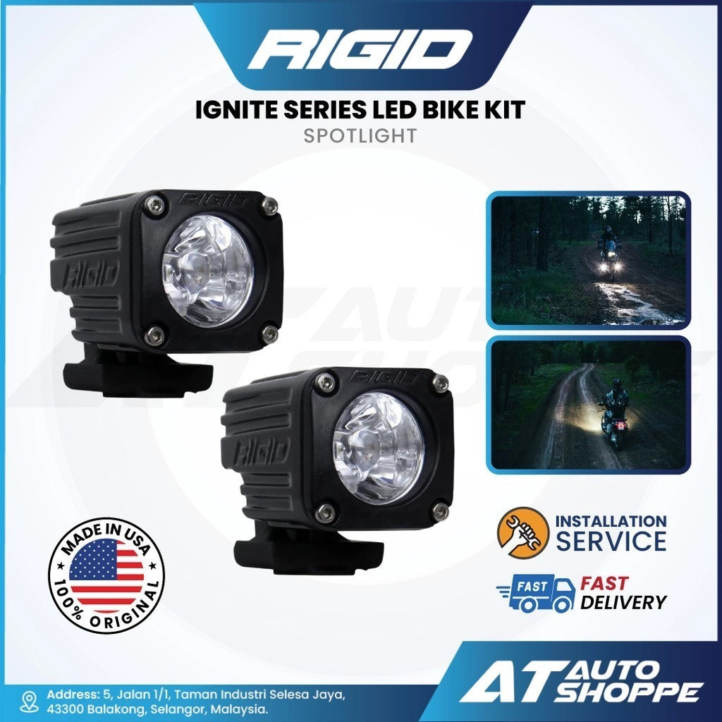 Rigid Ignite Series LED bike kit with two headlights on a white background, featuring AT Auto Shoppe branding.
