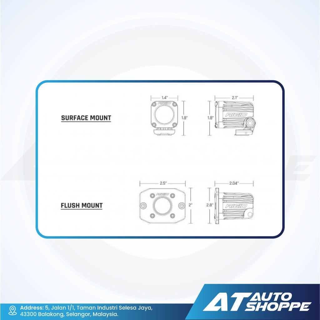 Technical diagram of surface and flush mount options with dimensions, featuring AT Auto Shoppe branding.