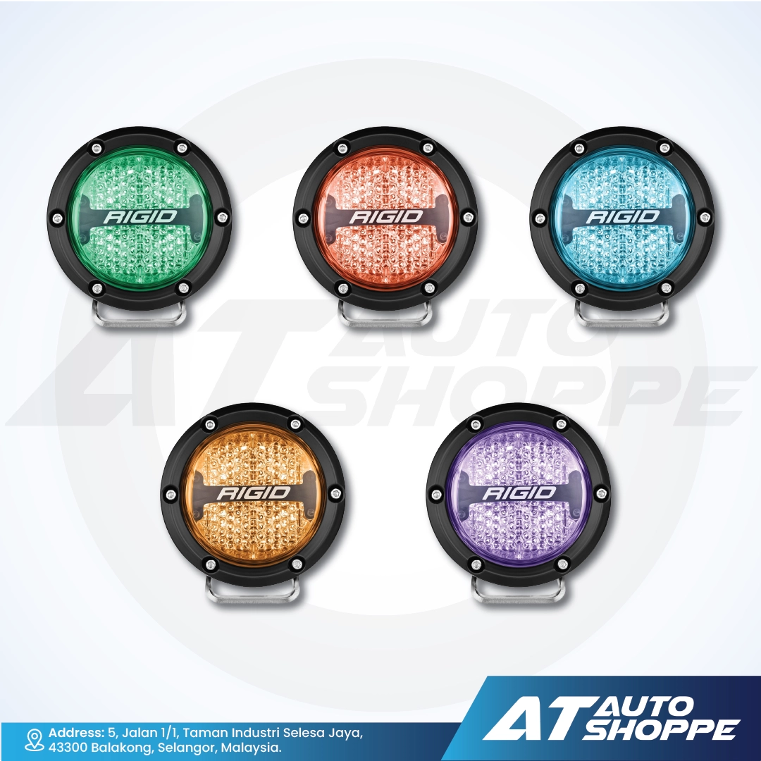 Five Rigid LED lights in different colors on a white background with AT Auto Shoppe branding.