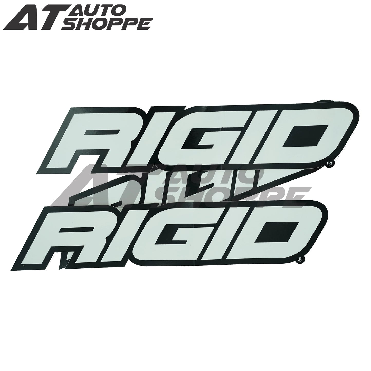 Two 'Rigid Industries' logo decals on a white background with 'AT Auto Shoppe' branding.