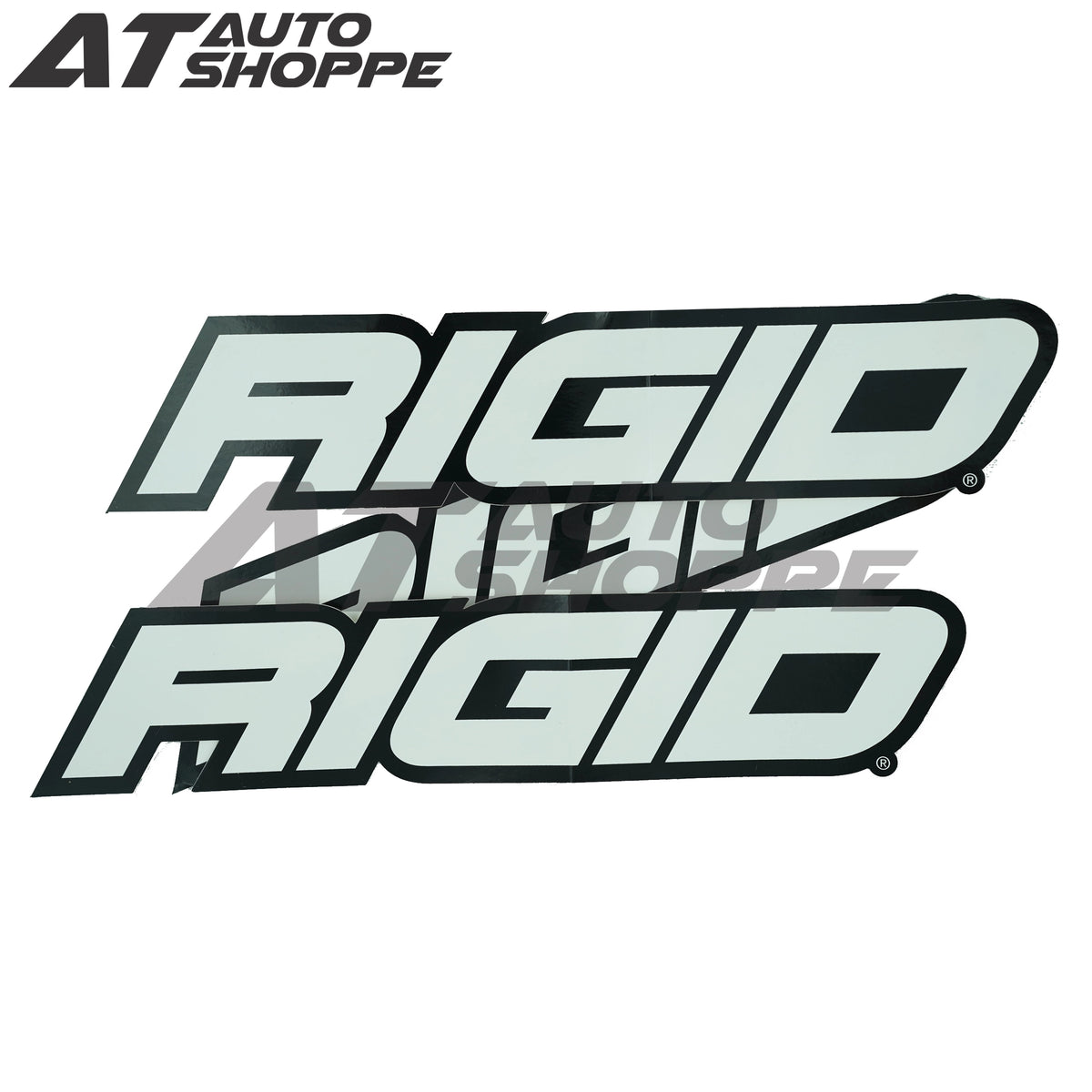 Two 'Rigid Industries' logo decals on a white background with 'AT Auto Shoppe' branding.