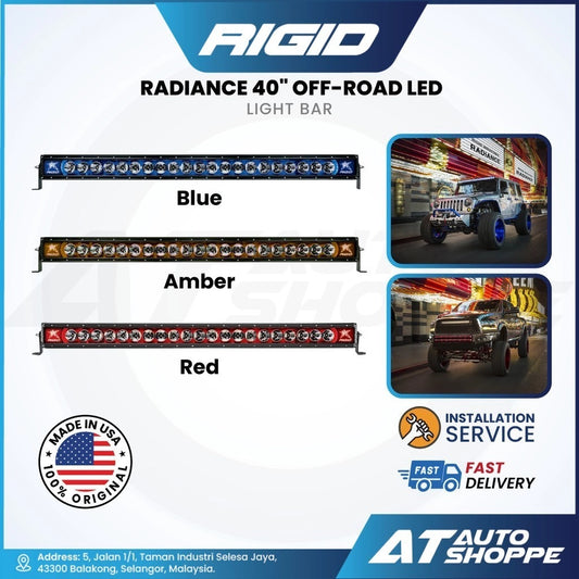 Rigid Radiance 40 Inch Off-Road LED Light Bar with color options and installation service details on a white background.