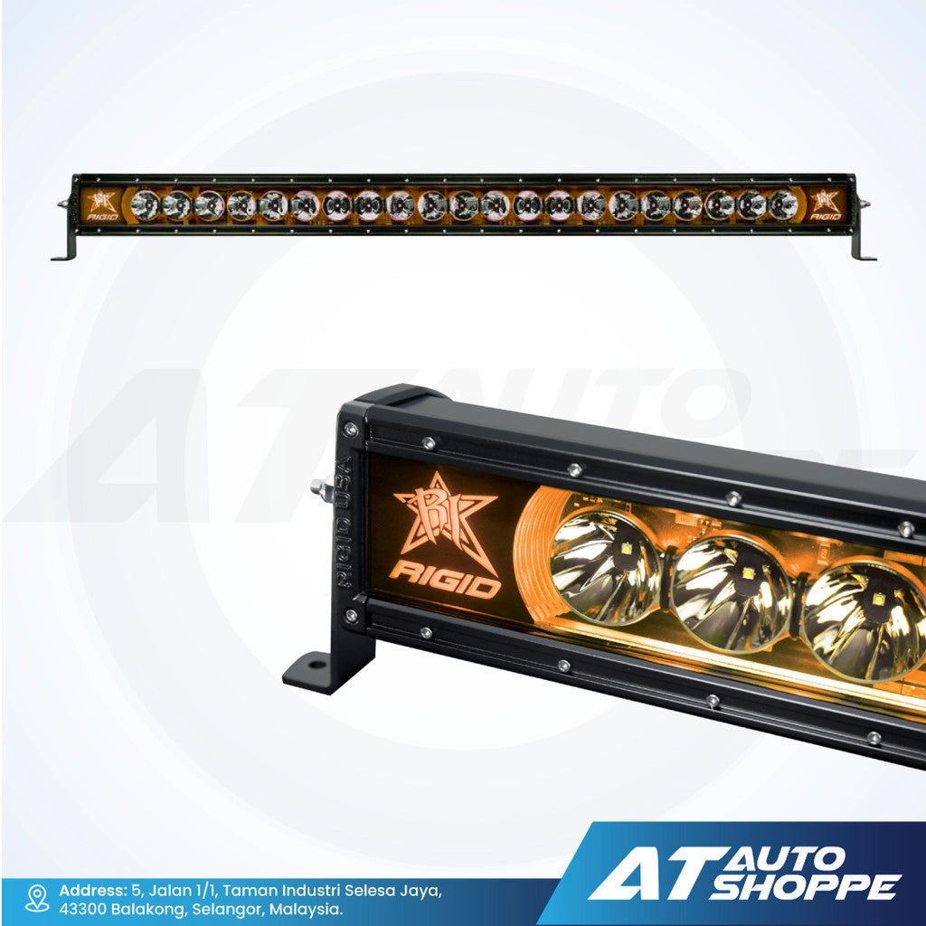 Two Rigid industries light bars on a white background with AT Auto Shoppe branding.