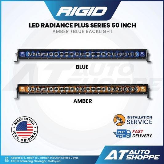 Rigid LED light bar with blue and amber options on a white background, featuring AT Auto Shoppe branding.