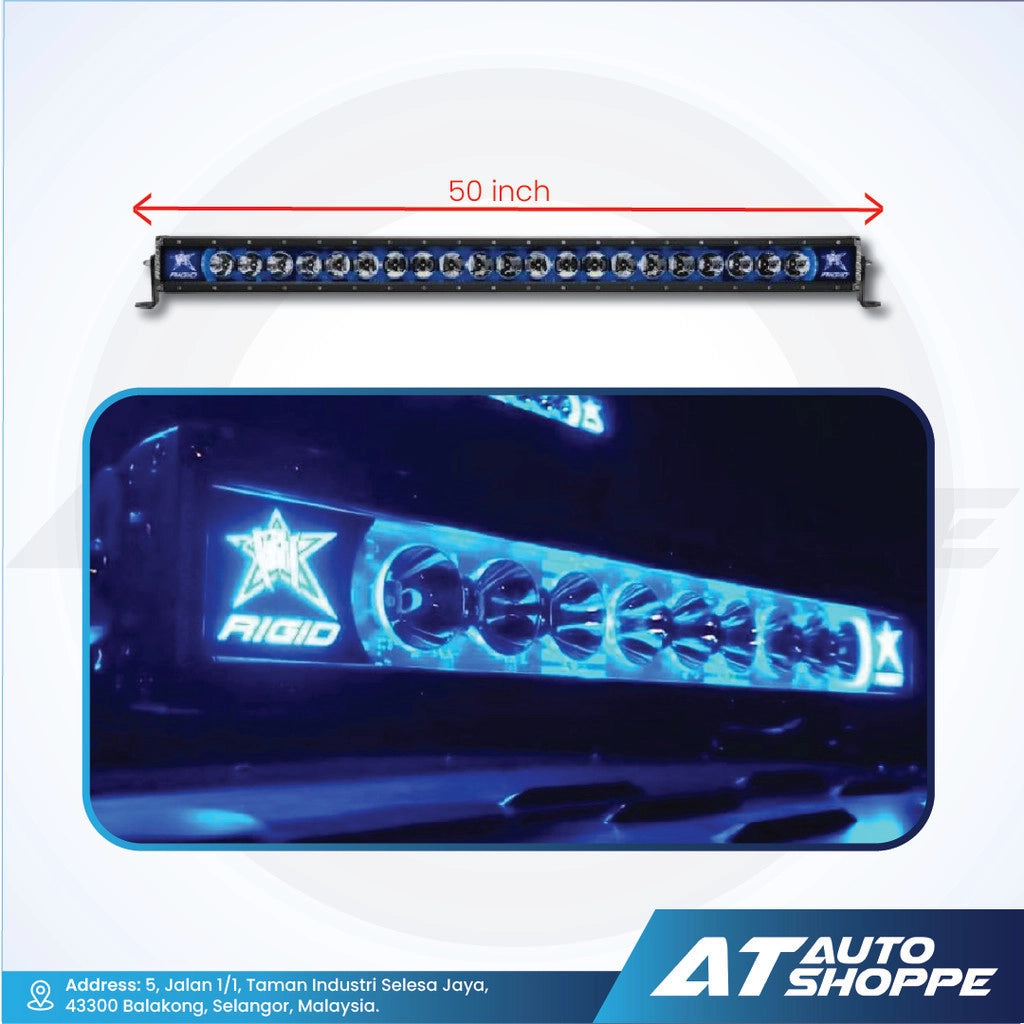 LED light bar with Rigid branding and dimensions on a white background, featuring the AT Auto Shoppe logo.