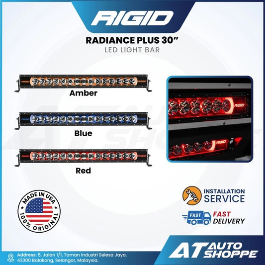 Rigid Radiance Plus 30 inch LED light bar with color options and AT Auto Shoppe branding.