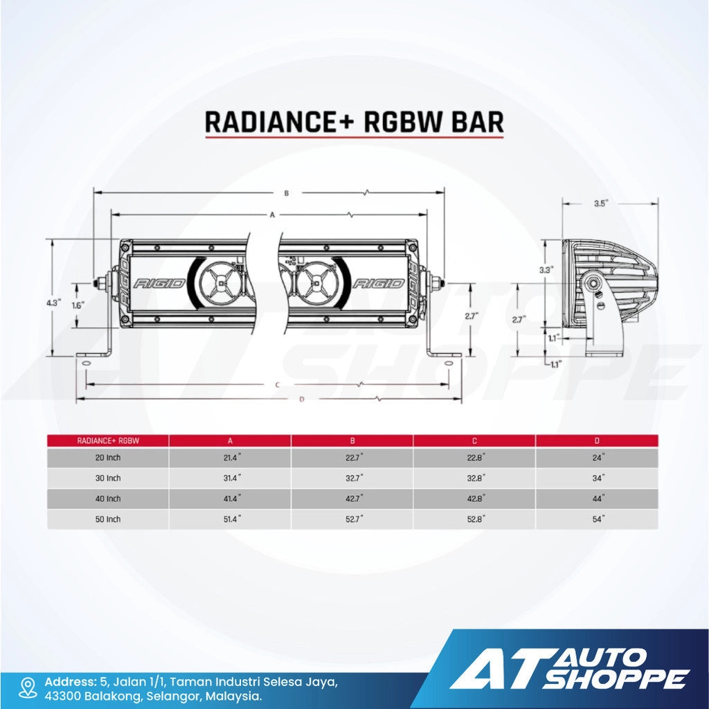 Technical drawing and specifications of Radiance+ RGBW Bar with AT Auto Shoppe branding.