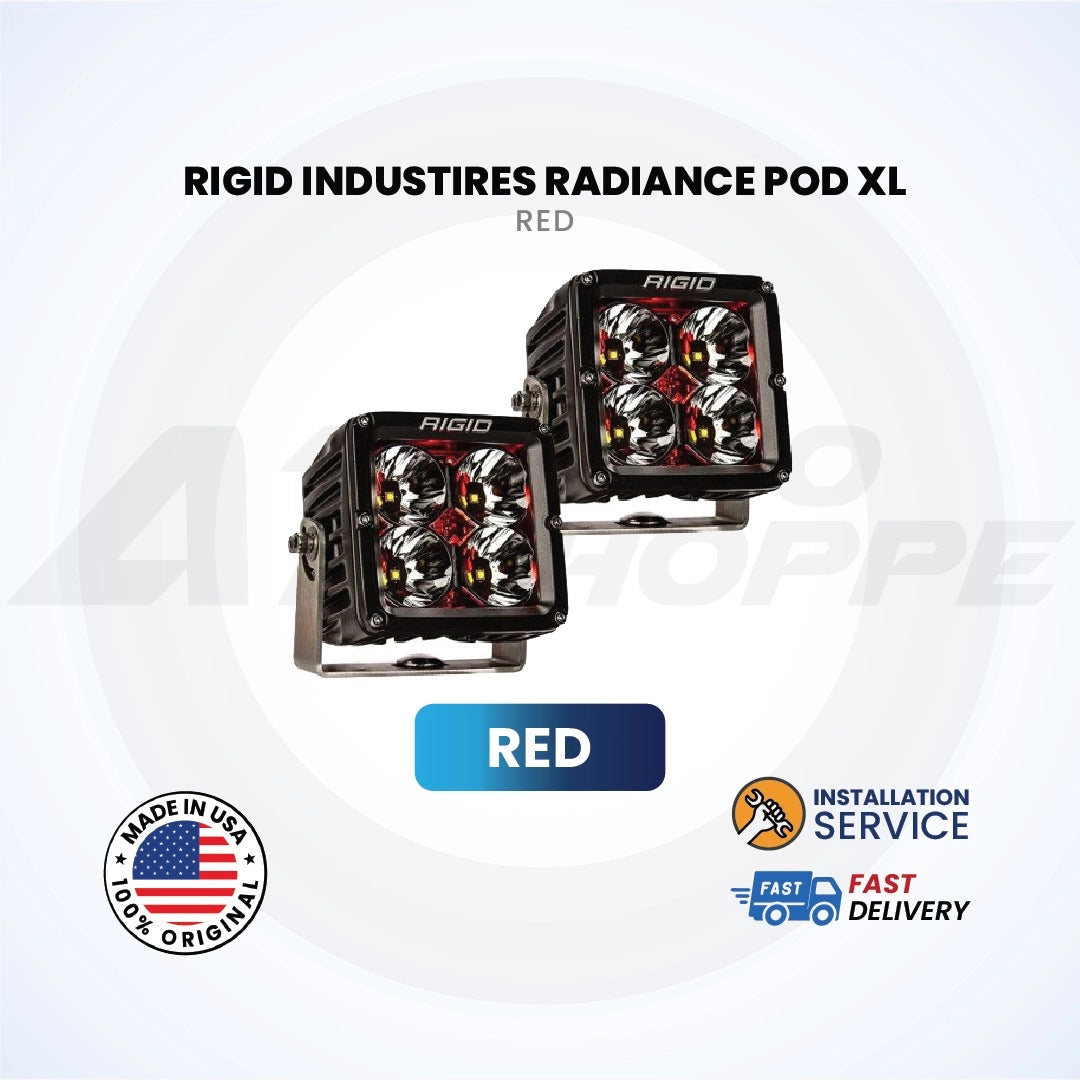 Two Rigid Industries Radiance Pod XL red lights on a white background with branding and feature text.