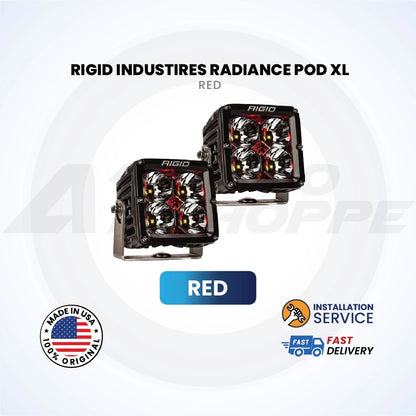 Two Rigid Industries Radiance Pod XL red lights on a white background with branding and feature text.