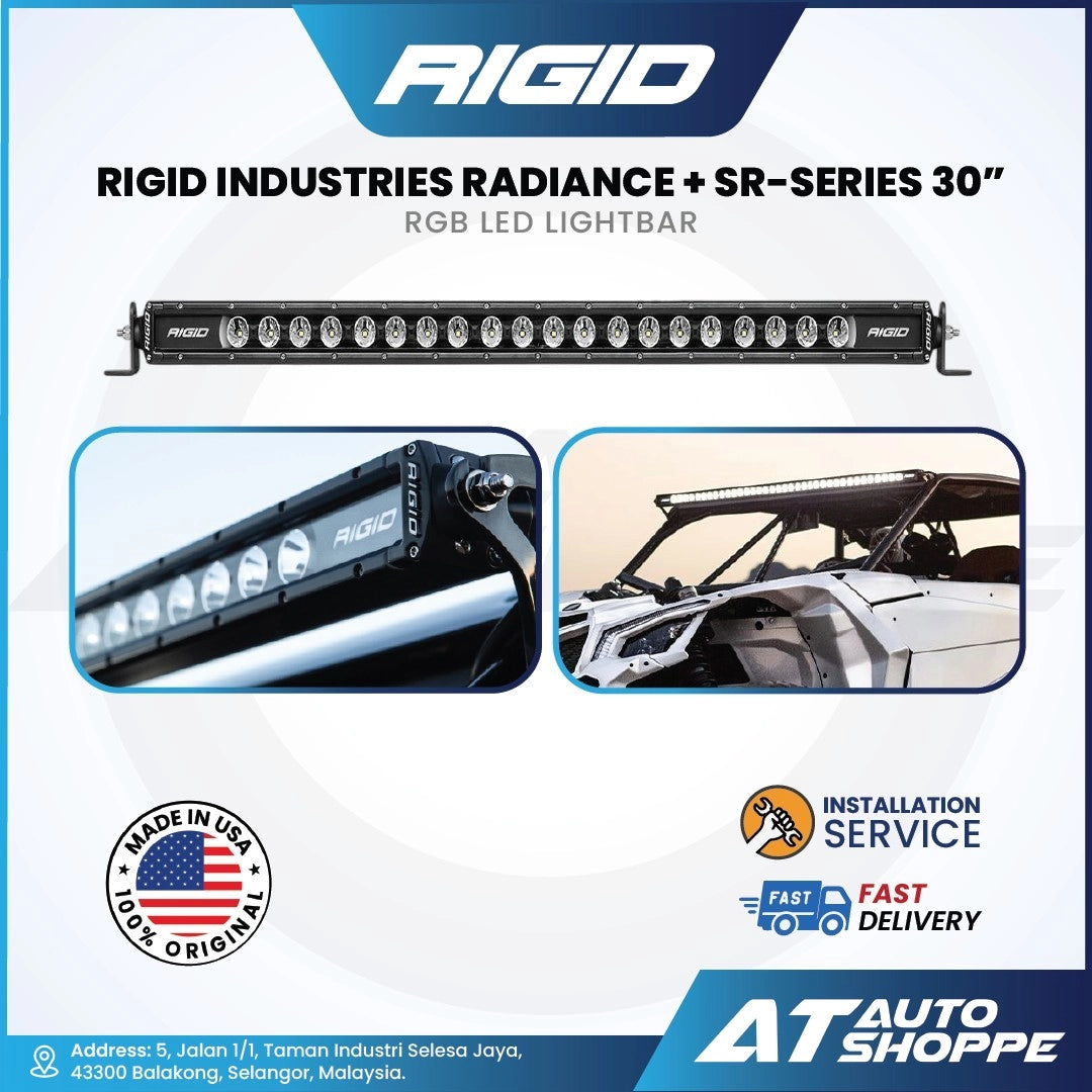 Rigid Industries Radiance + SR-Series 30 Inch RGB LED lightbar with product images and branding on a white background.