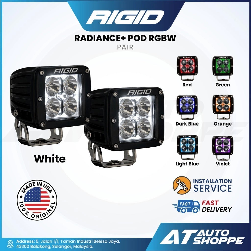 Rigid Radiance+ Pod RGBW lights with color options on a white background
