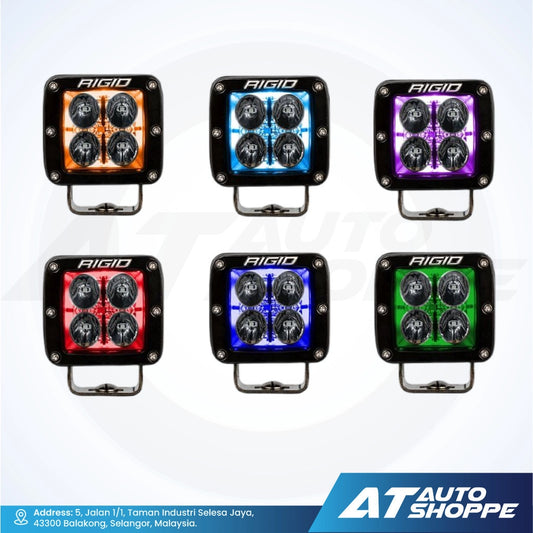 Six Rigid LED lights in different colors on a white background with AT Auto Shoppe branding.