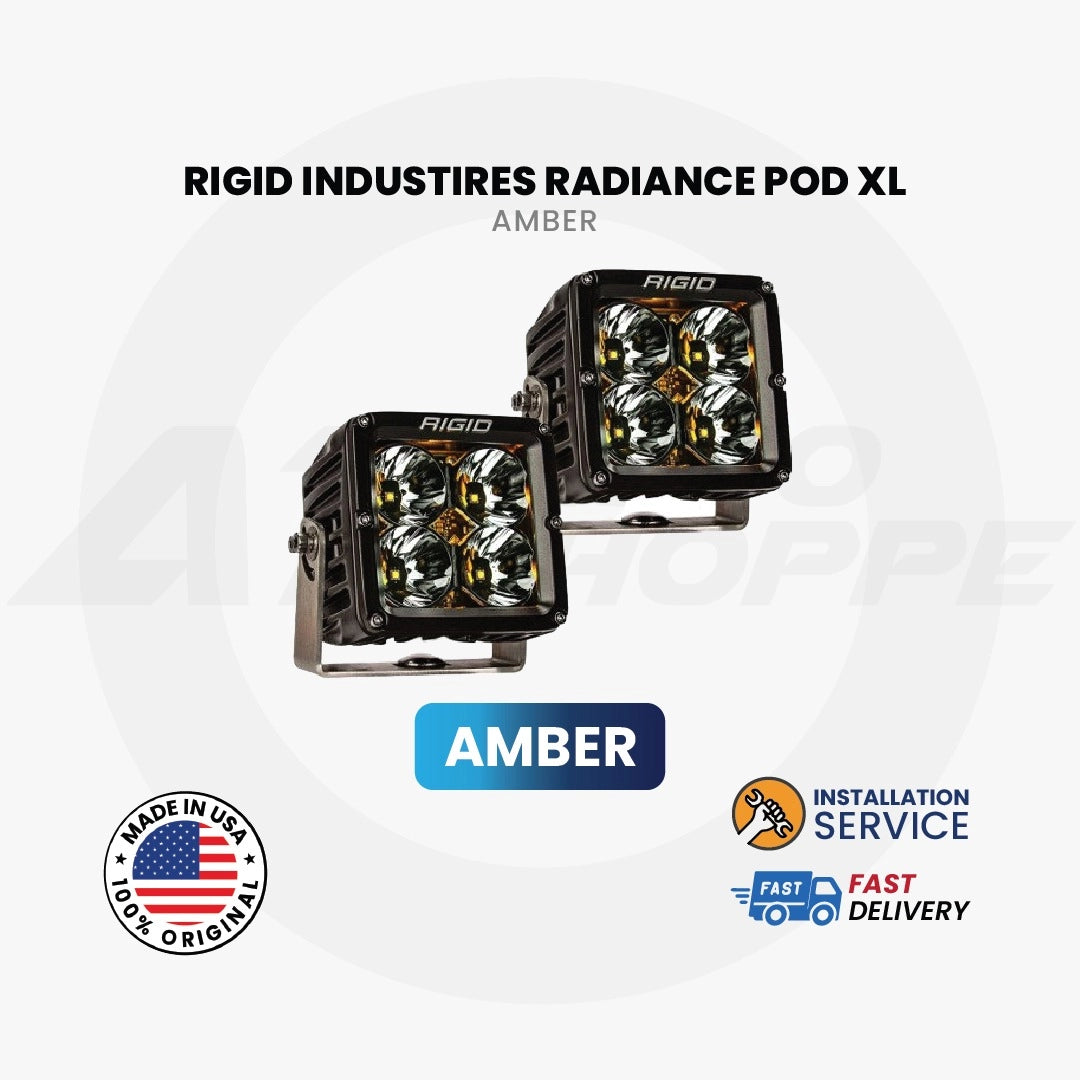 Two Rigid Industries Radiance Pod XL amber lights on a white background with branding and feature icons.