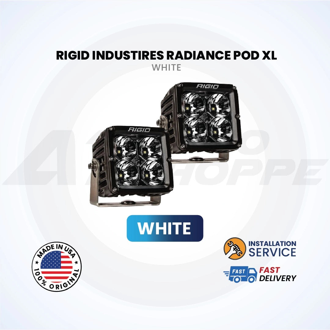 Two Rigid Industries Radiance Pod XL white lights on a white background with branding and feature icons.
