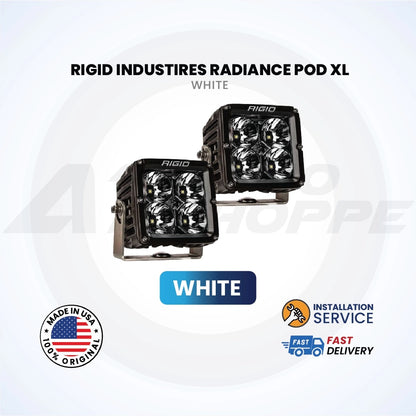 Two Rigid Industries Radiance Pod XL white lights on a white background with branding and feature icons.