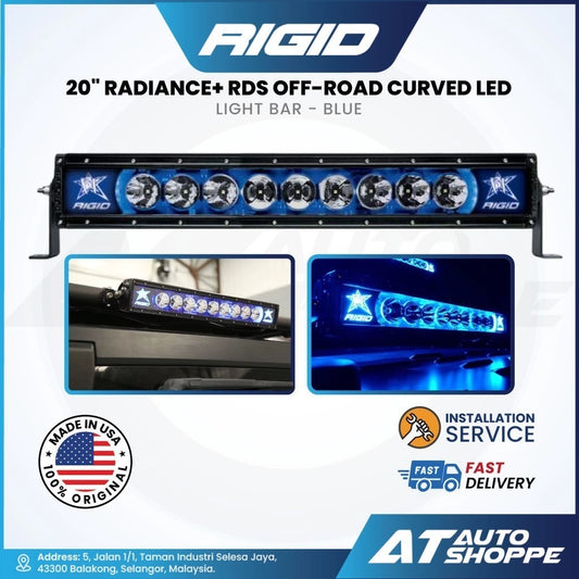 Rigid 20" Radiance+ RDS off-road curved LED light bar with blue accents on a white background.