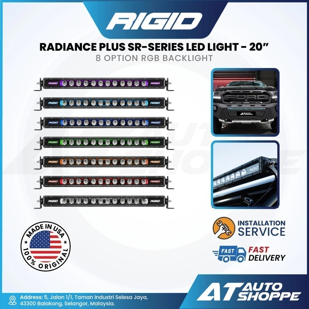 Promotional image of Rigid Radiance Plus SR-Series LED light with RGB backlight, featuring product display and branding.